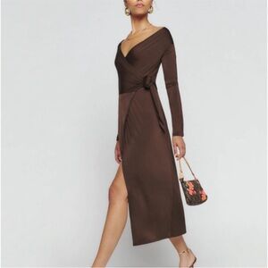 Reformation Chocolate Brown Midi Wrap Dress - Size Small